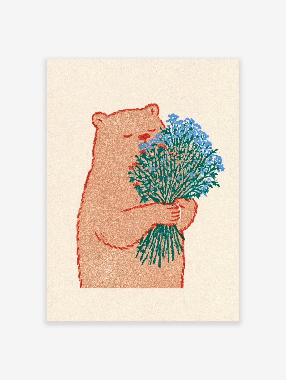 Illustrated bear holding blue flowers on cream background, animal poster print