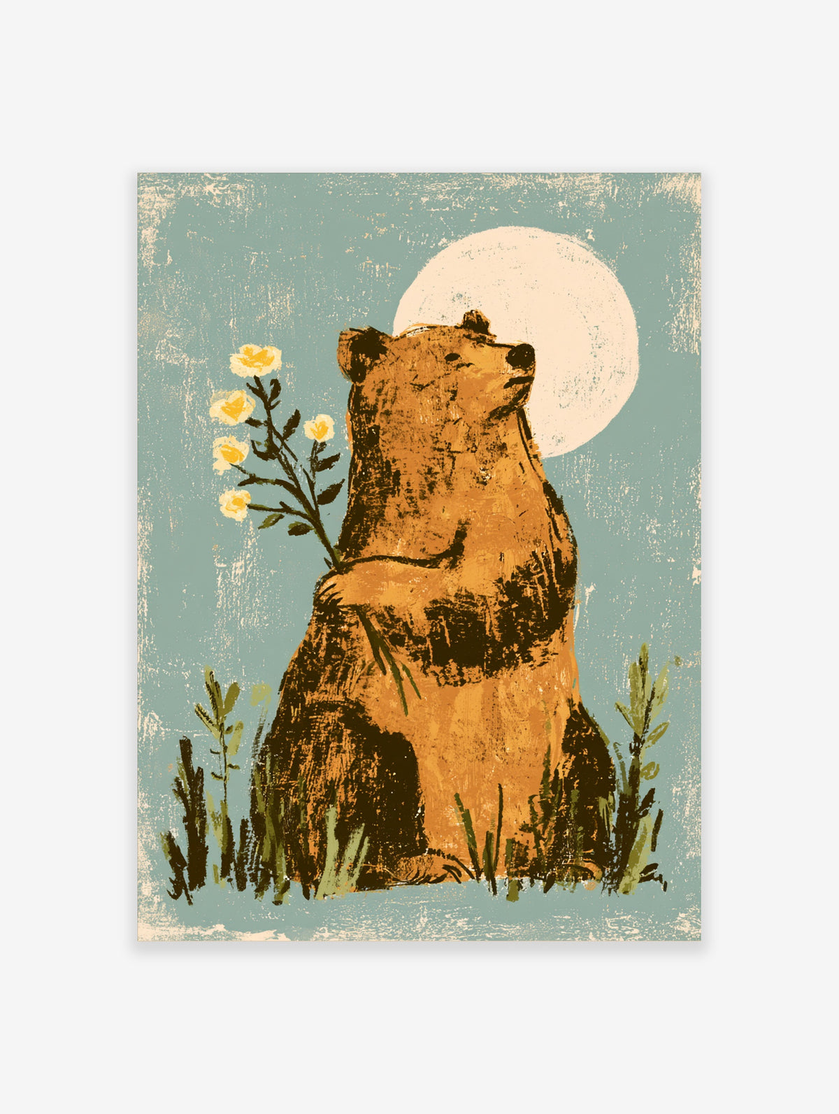 Brown bear holding yellow flowers with a pale moon on a teal background, animal art print
