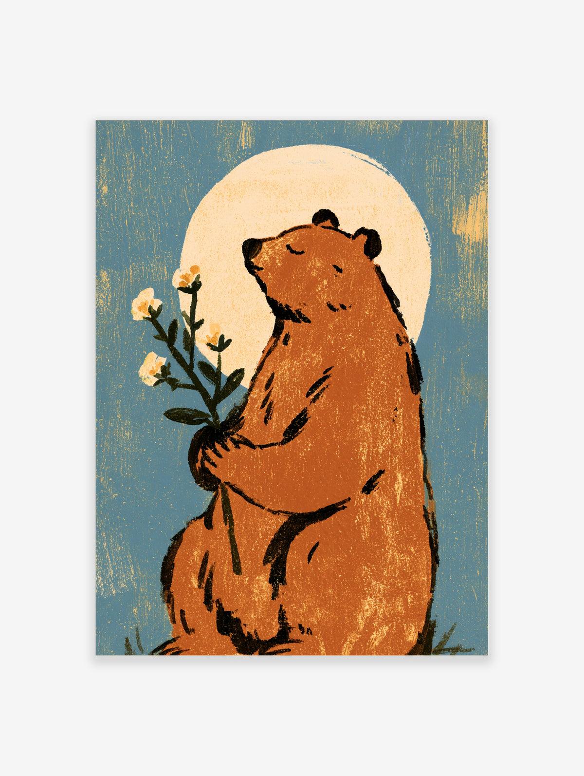 Brown bear holding pale flowers against a cream moon and blue background, animal poster illustration
