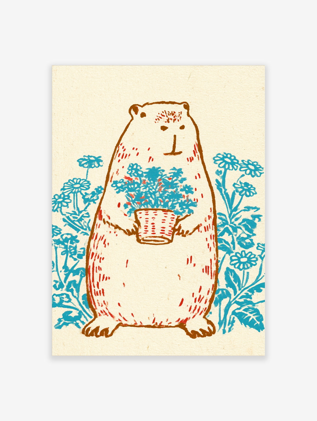 Illustrated bear holding a red pot of blue flowers with blue daisy outlines on a cream background
