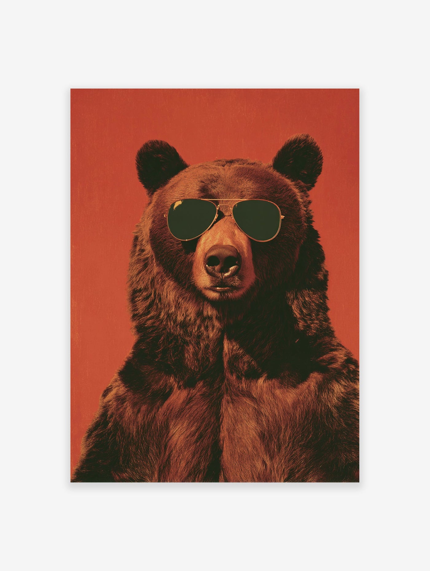 Close-up poster of a brown bear wearing aviator sunglasses, set against a textured red-orange background.