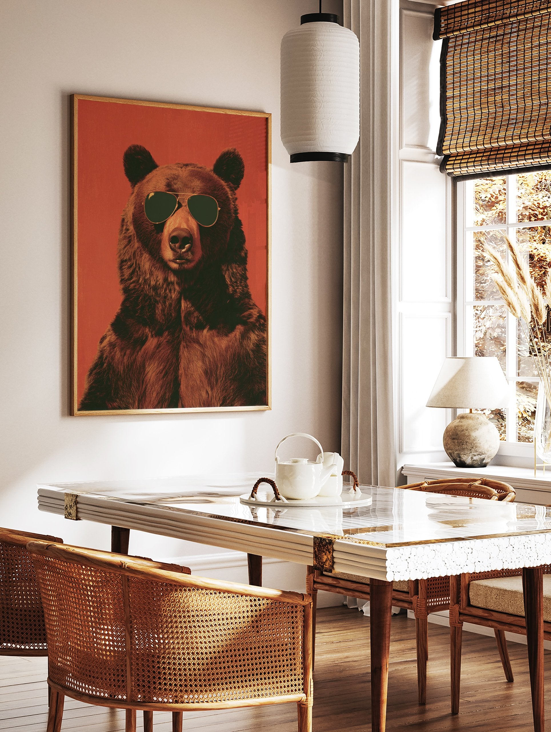Close-up poster of a brown bear wearing aviator sunglasses, set against a textured red-orange background. - Image 2