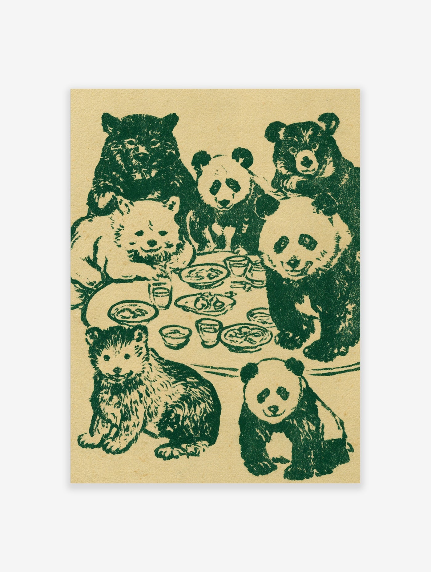 Vintage illustration of pandas and brown bears having a tea party around a table with plates and cups