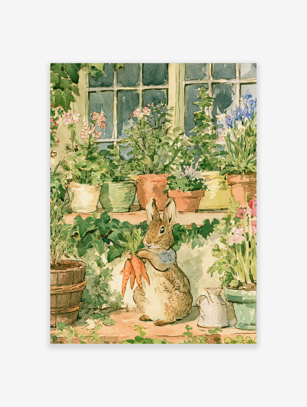 Vintage watercolour rabbit holding carrots beside potted plants and a window