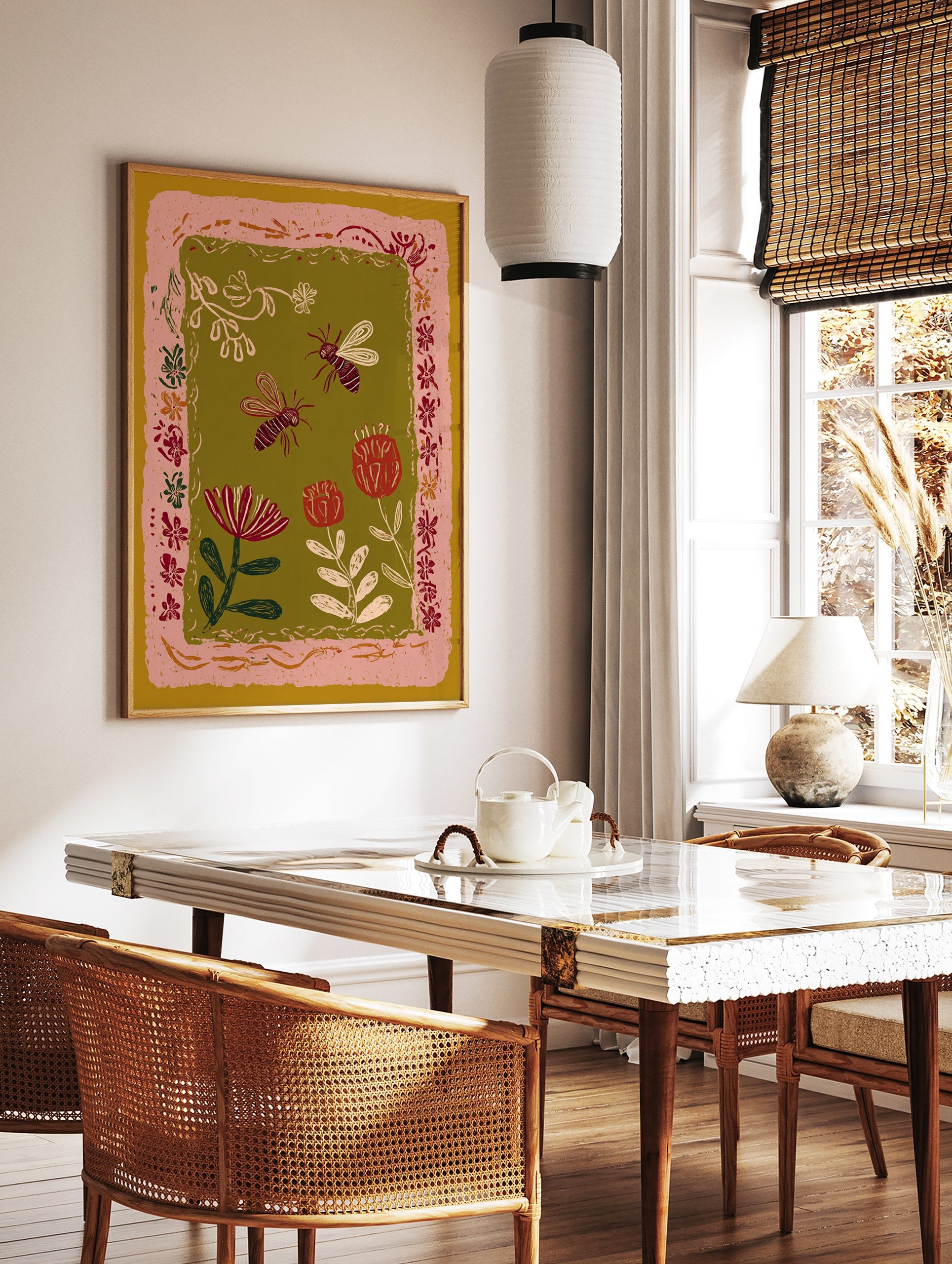 Illustrative bee and flower wall art print with a pink border on an olive green background, featuring botanical elements. - Image 2