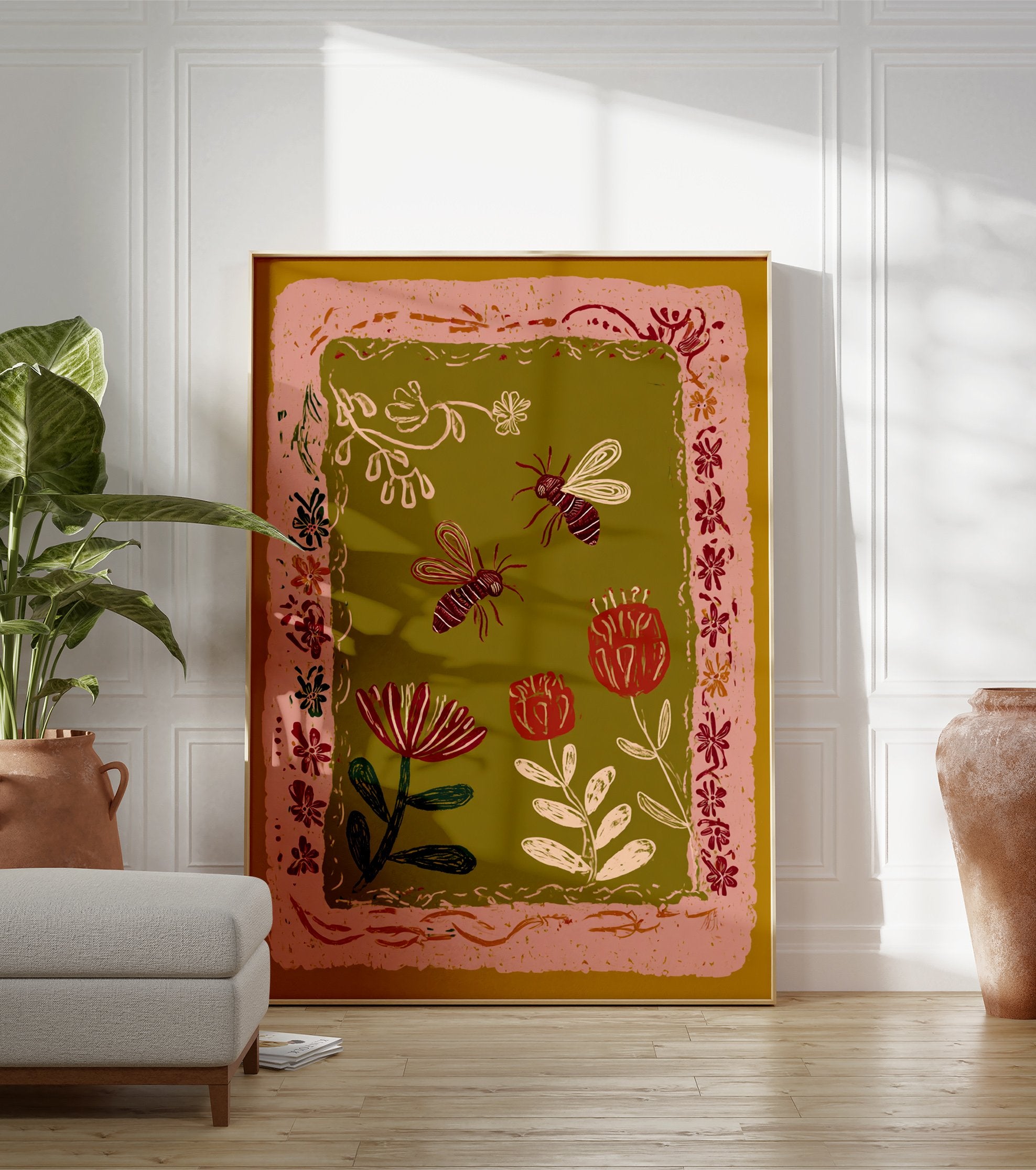 Illustrative bee and flower wall art print with a pink border on an olive green background, featuring botanical elements. - Image 3