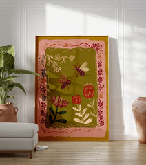 Illustrative bee and flower wall art print with a pink border on an olive green background, featuring botanical elements. - Image 3