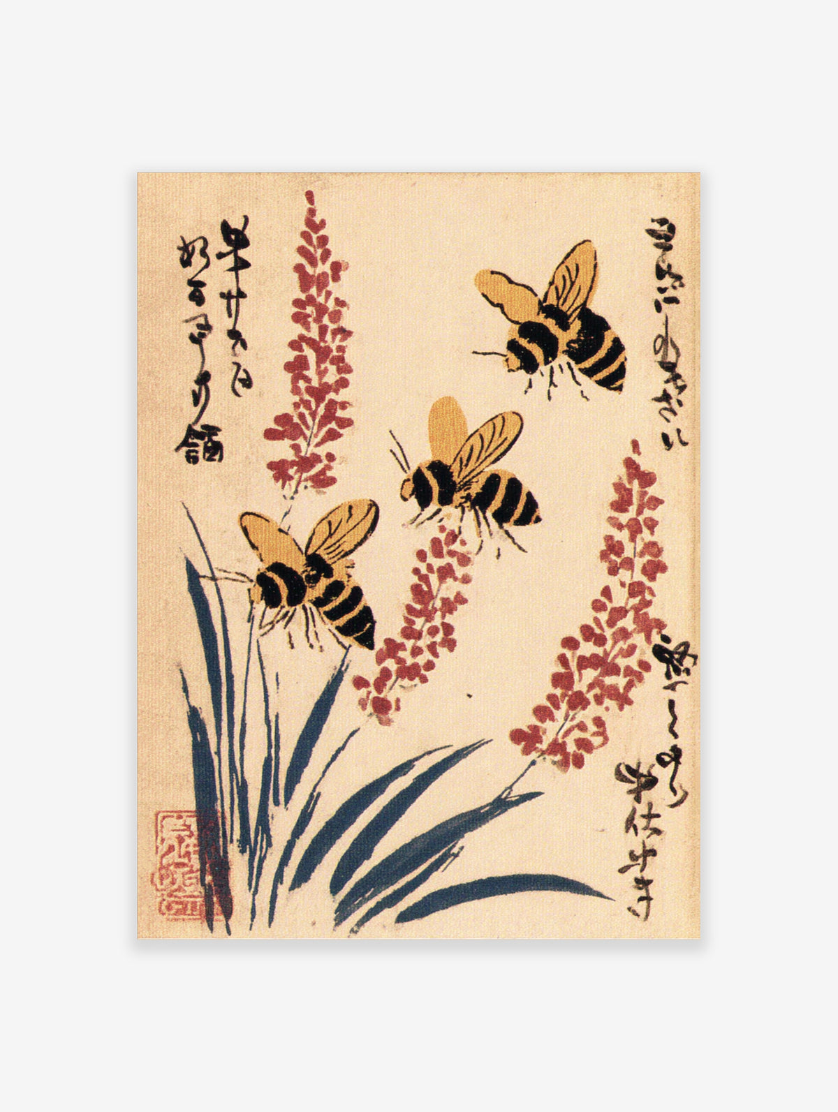 Bee and flower print with red sprigs and calligraphy, Japanese woodblock style