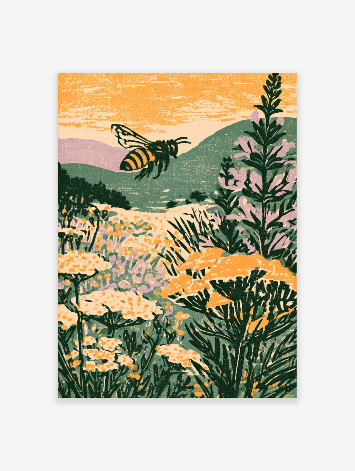 Illustrated bee hovering over lavender and orange wildflowers with green hills and orange sky