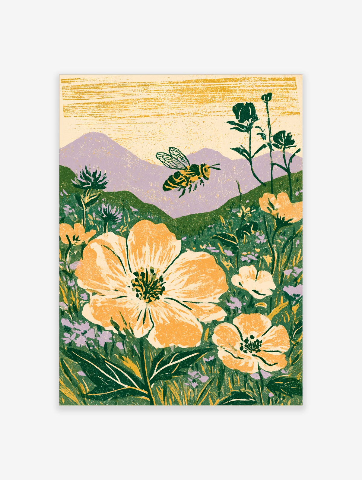 Orange poppy and bee art print with green meadow and purple mountains