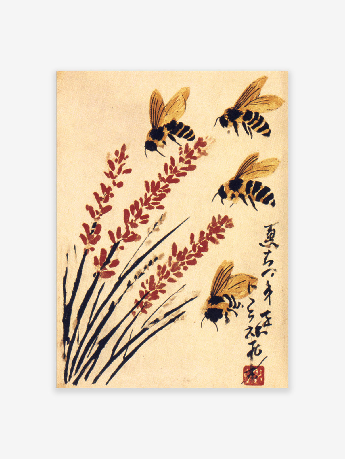 Japanese watercolor print of bees hovering over red flower spikes with black grass and calligraphy on beige background