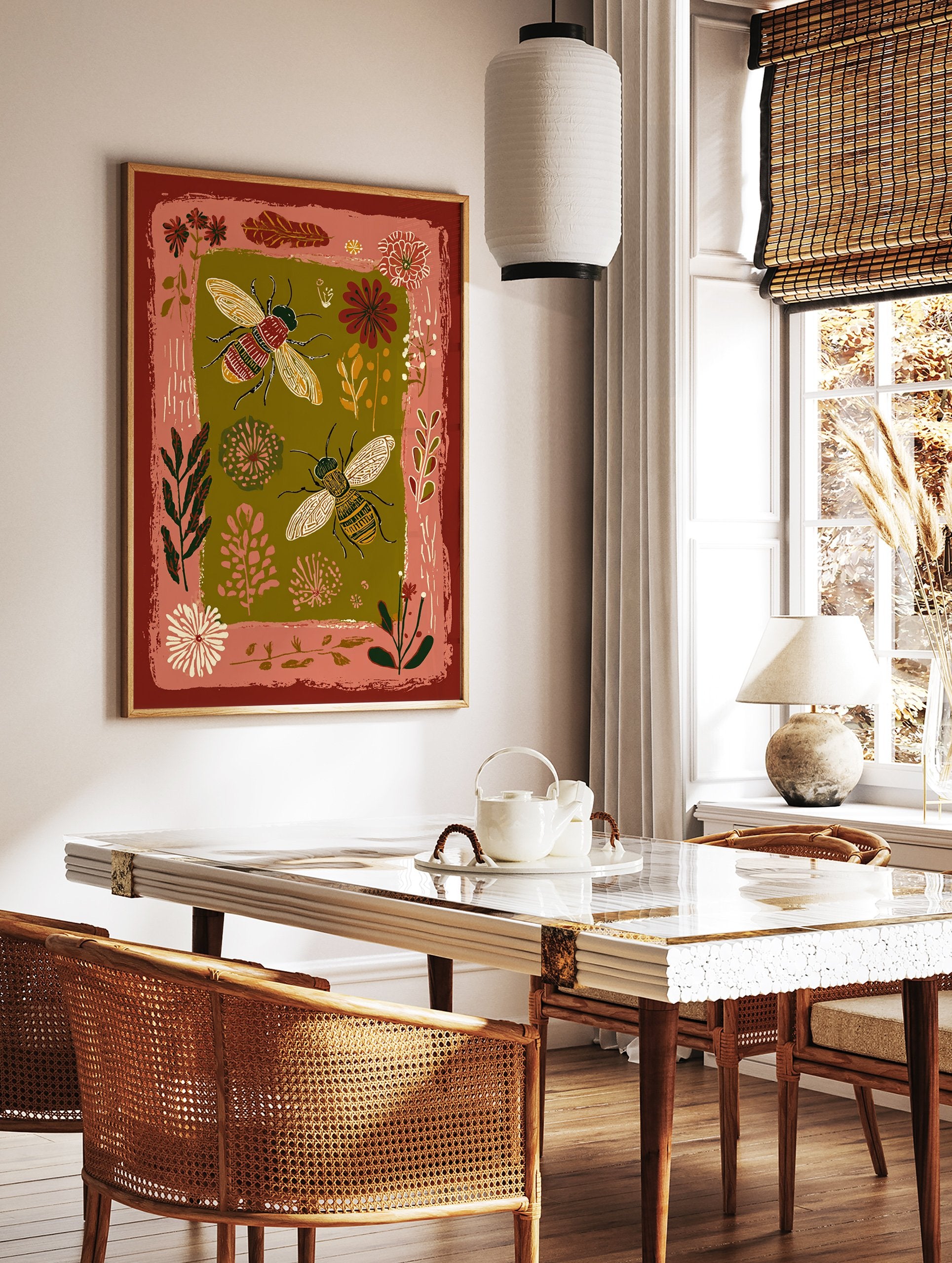 Illustrative bee and botanical wall art print with two bees, flowers, and leaves in earth tones and a terracotta border. - Image 2