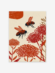 Two stylized orange and black bees flying among red botanical flowers on a cream background. Bee wall art illustration.
