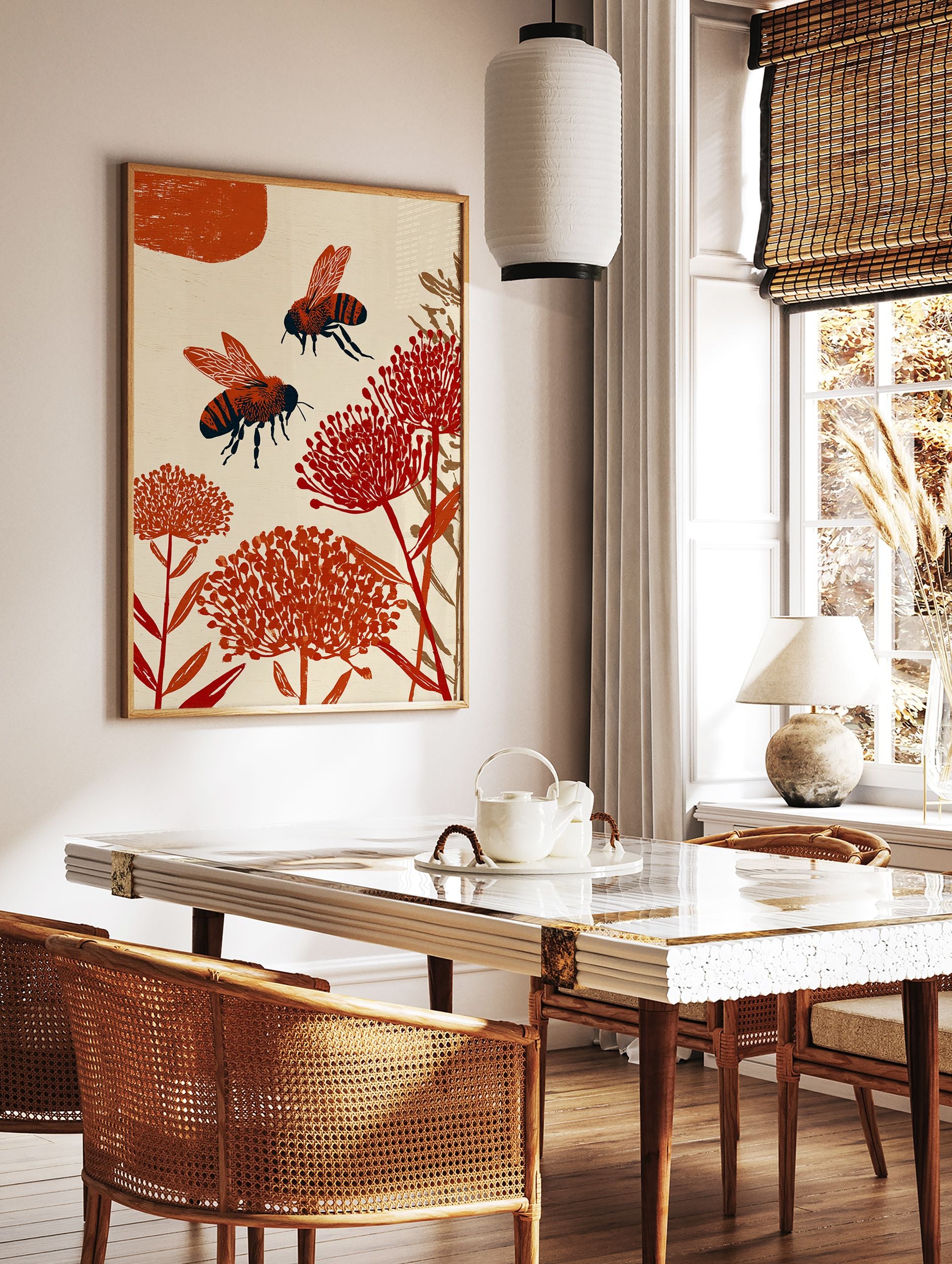 Two stylized orange and black bees flying among red botanical flowers on a cream background. Bee wall art illustration. - Image 2