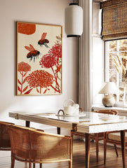 Two stylized orange and black bees flying among red botanical flowers on a cream background. Bee wall art illustration. - Image 2