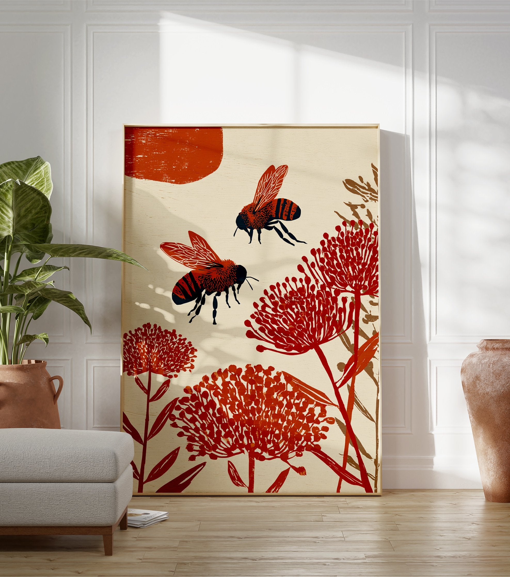 Two stylized orange and black bees flying among red botanical flowers on a cream background. Bee wall art illustration. - Image 3