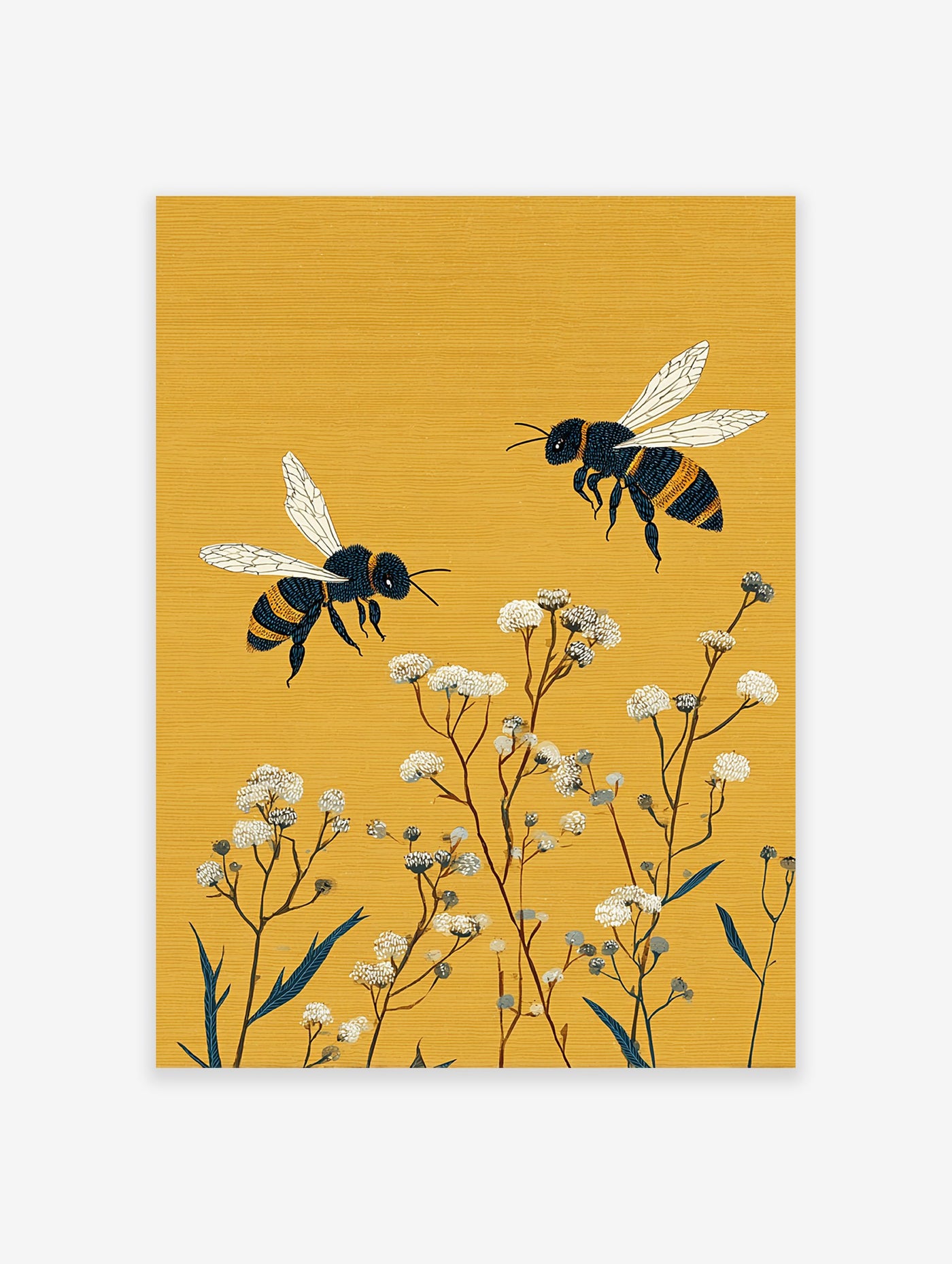 Bee Wall Art illustration of two black and yellow flying bees above white flowers on a textured yellow background.