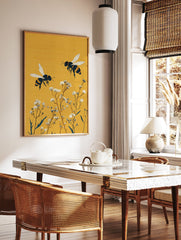 Bee Wall Art illustration of two black and yellow flying bees above white flowers on a textured yellow background. - Image 2