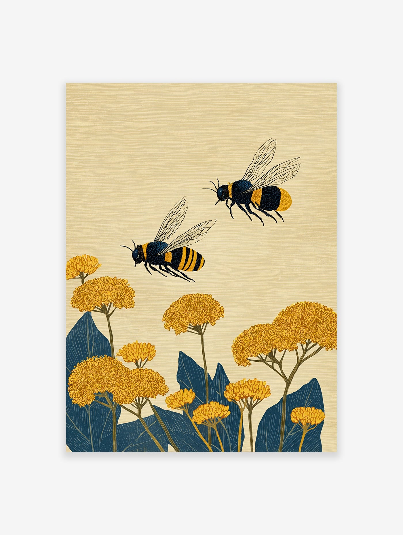 Two black and yellow striped bees flying above yellow flowers and dark blue leaves in a detailed botanical illustration art print.