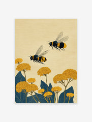 Two black and yellow striped bees flying above yellow flowers and dark blue leaves in a detailed botanical illustration art print.