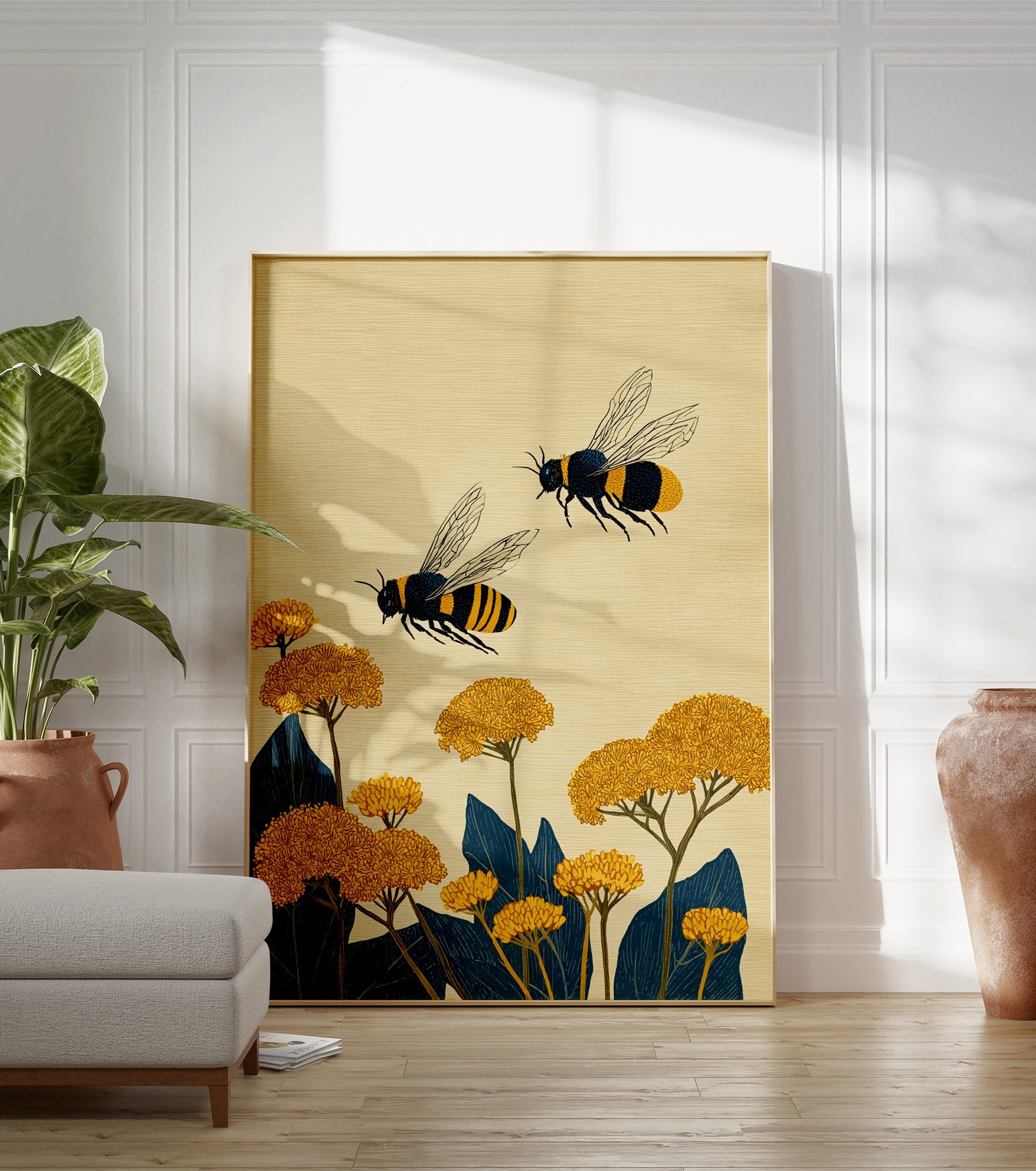 Two black and yellow striped bees flying above yellow flowers and dark blue leaves in a detailed botanical illustration art print. - Image 3