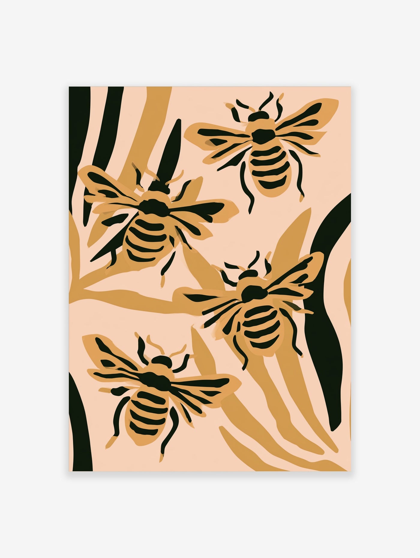 Bee wall art with four stylised bees on beige background with black and ochre accents