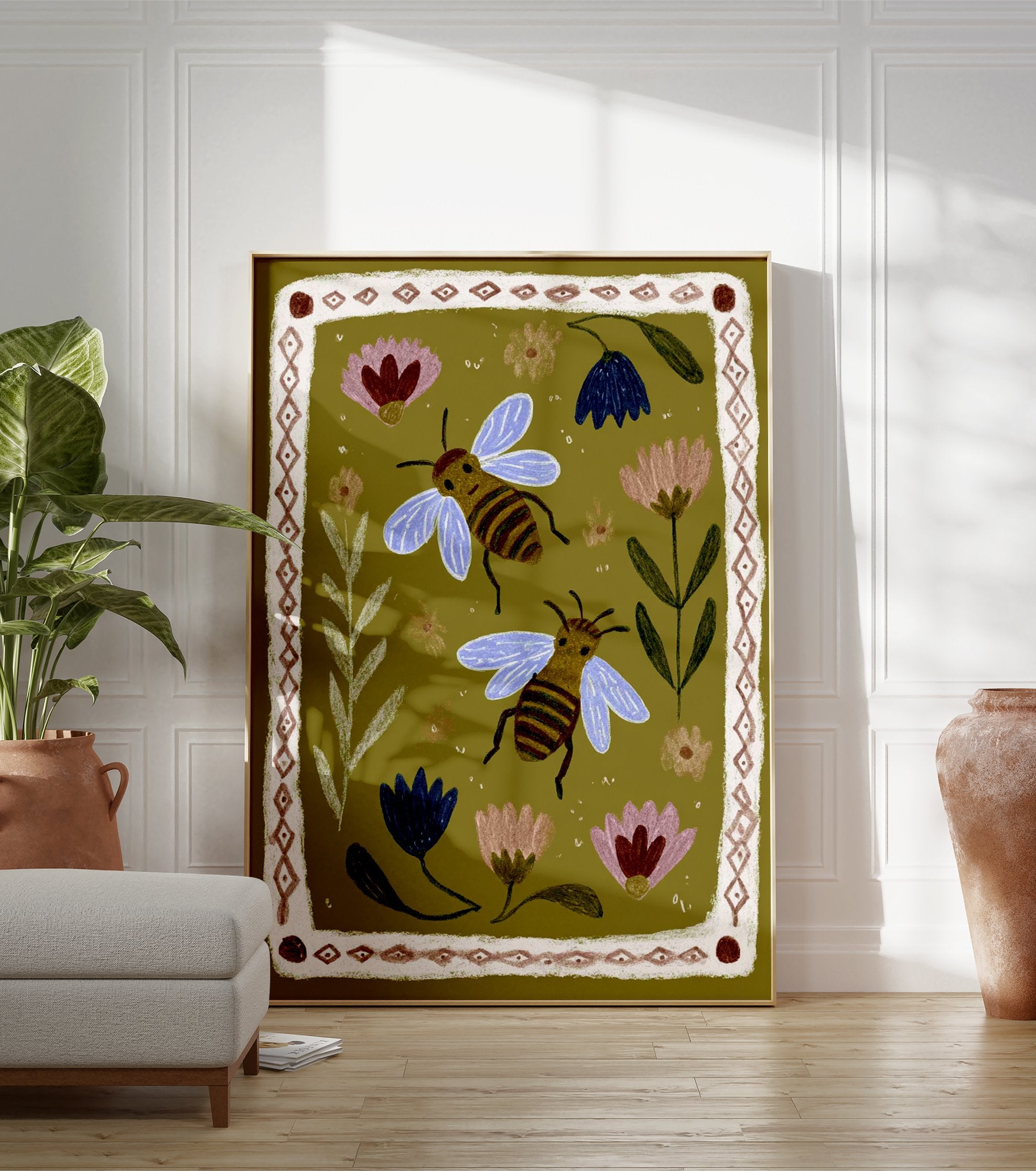 Illustrated bee and floral wall art print on an olive green background with a decorative border. - Image 3