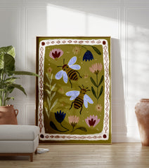 Illustrated bee and floral wall art print on an olive green background with a decorative border. - Image 3