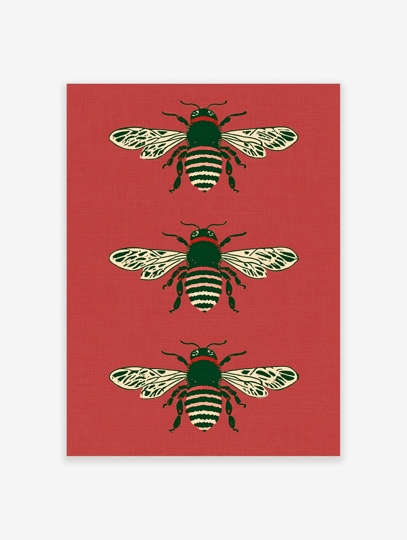 Three illustrated bees with striped abdomens and patterned wings on a red background, vertical arrangement