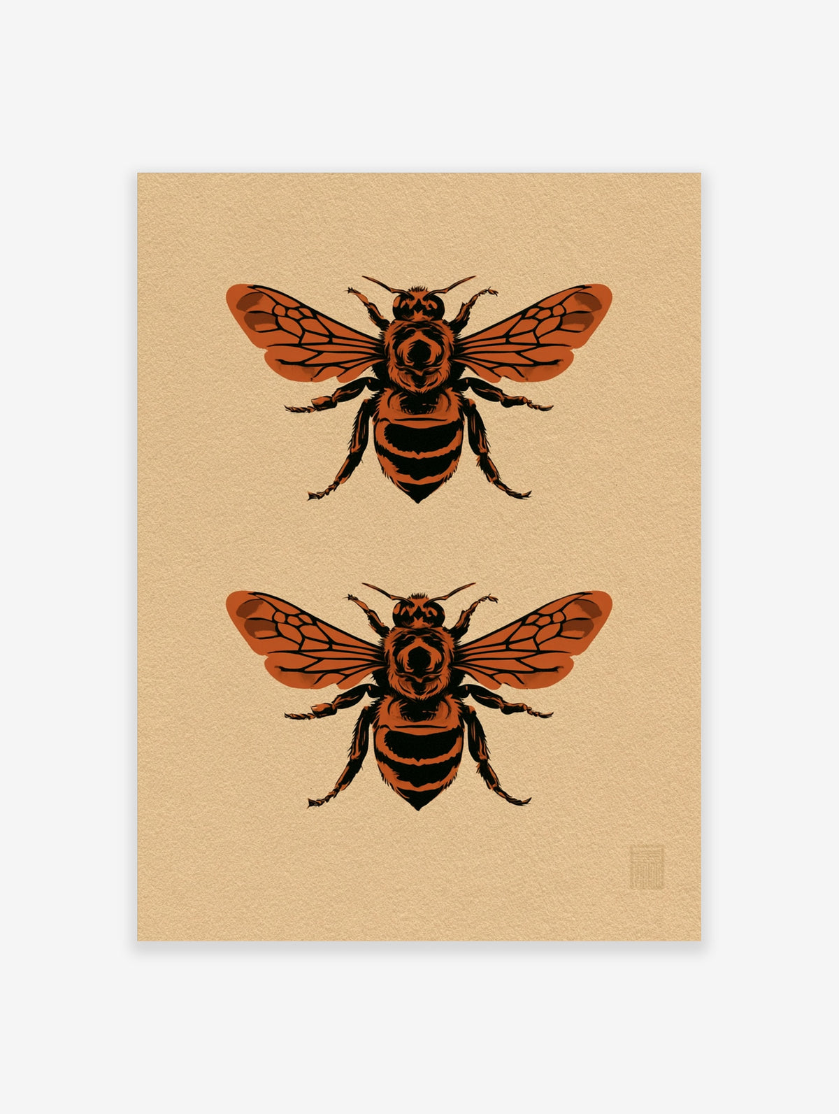 Two symmetrical bee illustrations in orange and black on a beige background, insect wall art print