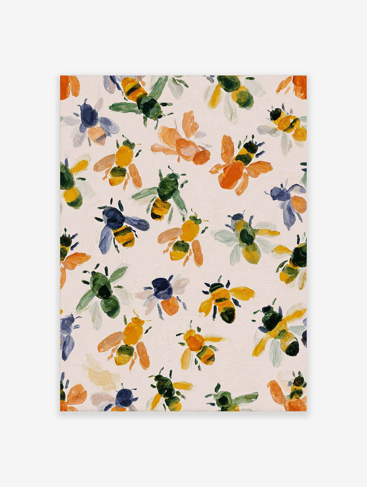 Watercolour bee pattern art print with green, yellow, orange, blue bees on cream background