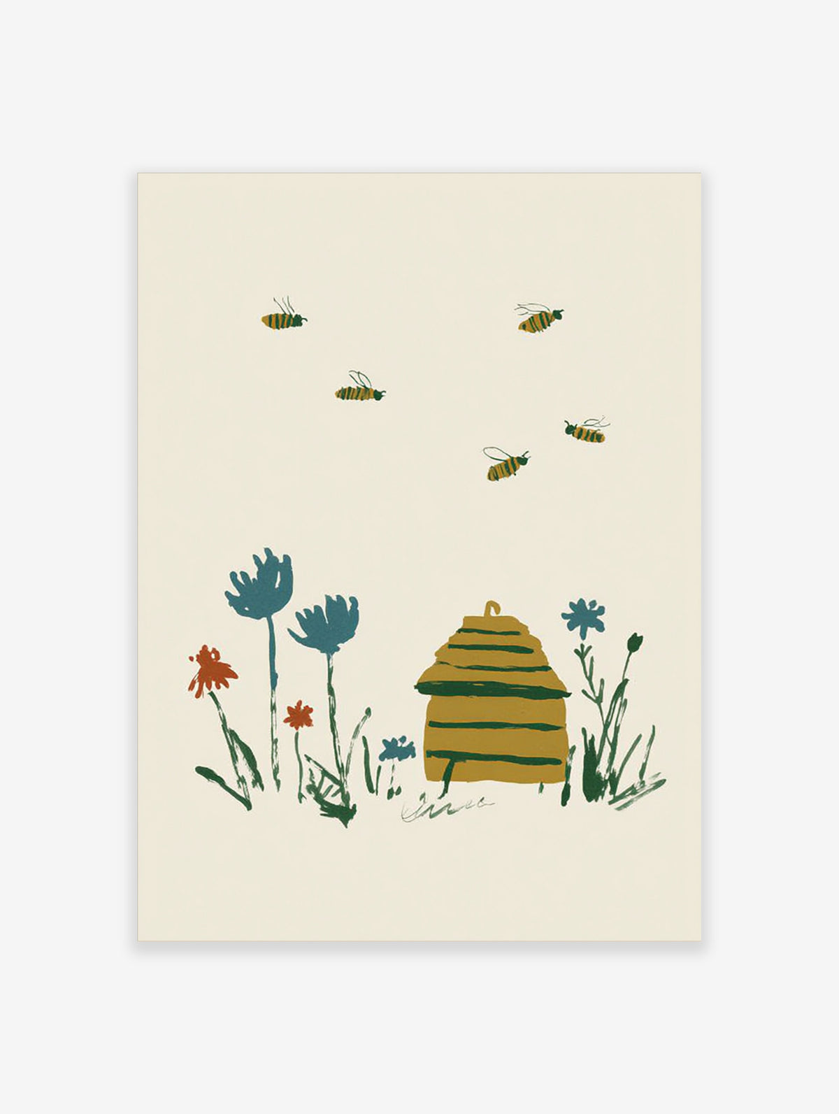 Beehive and wildflowers art print with five honey bees flying above a striped skep on a cream background