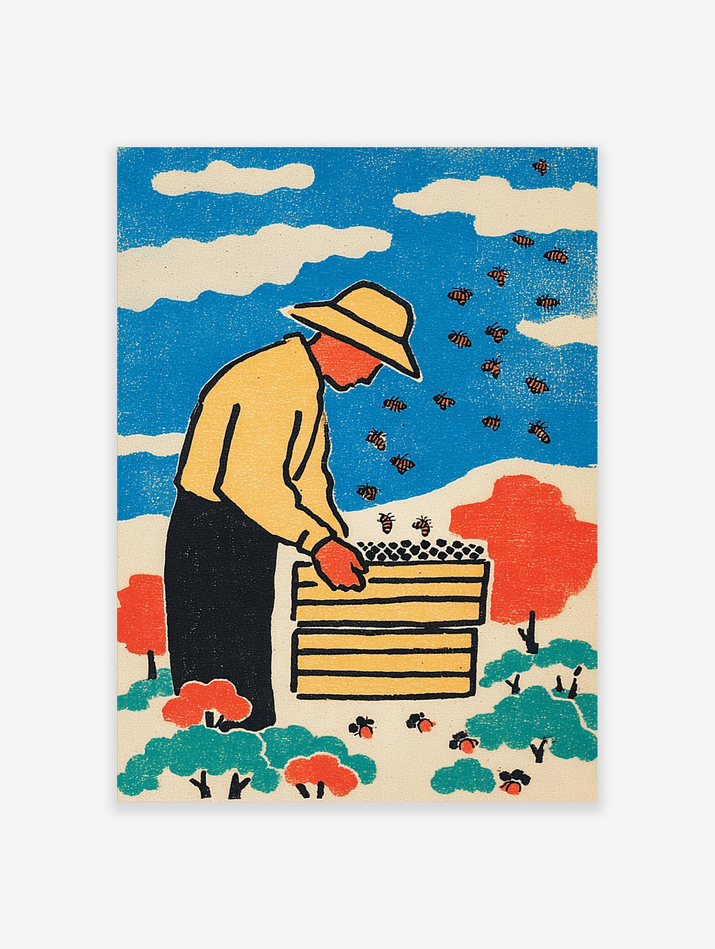 Beekeeper in yellow hat tending beehive with bees flying in blue sky, red trees, illustrative art print