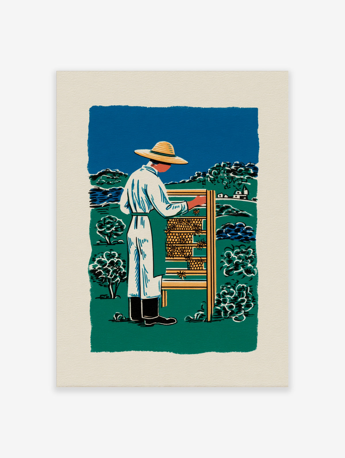 Beekeeper in white suit and straw hat tending wooden beehive with honeycomb, green landscape print