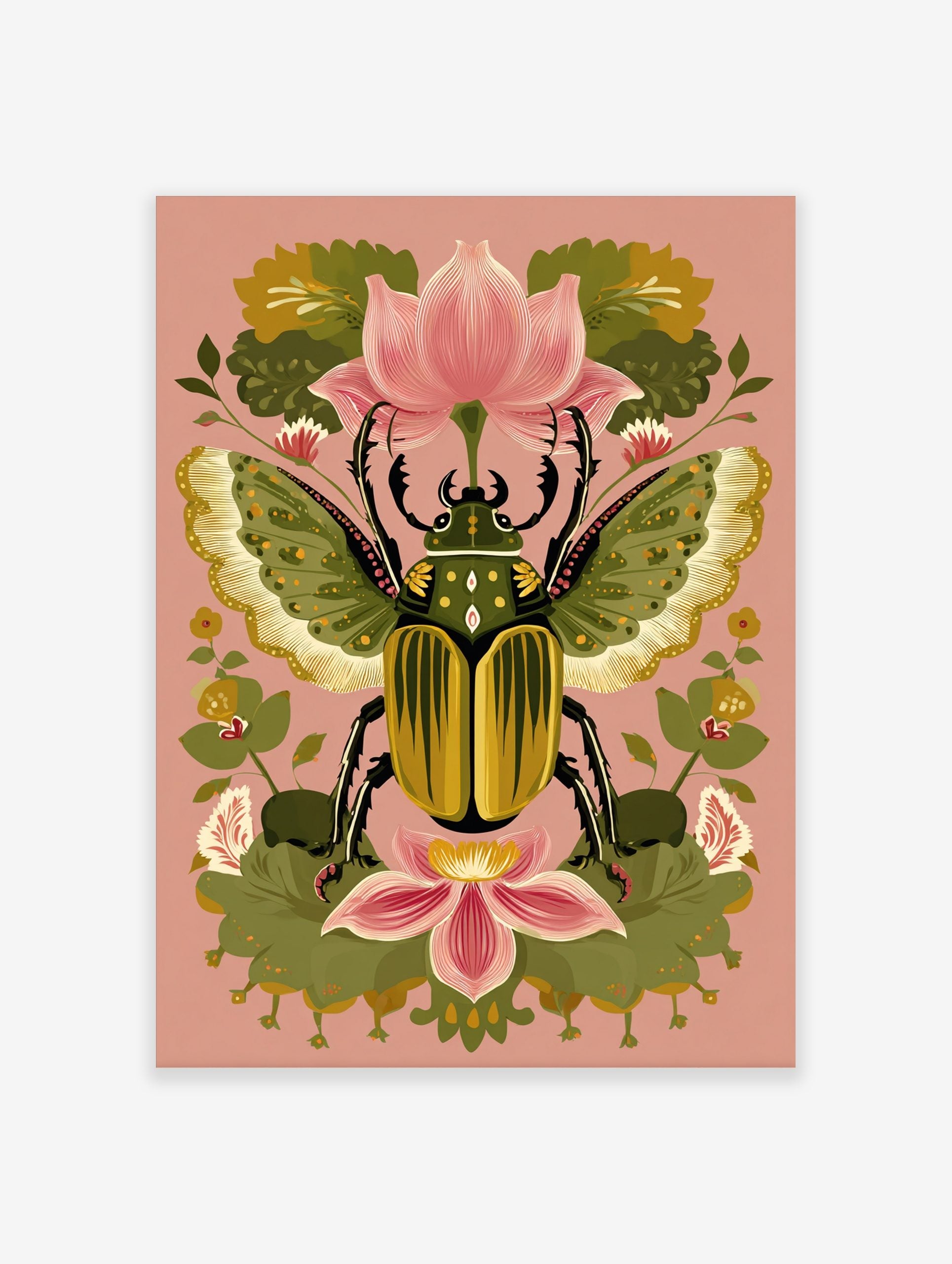 Ornate green and gold beetle with patterned wings, surrounded by pink lotus flowers and green leaves on a pink background