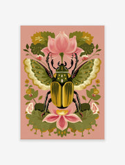 Ornate green and gold beetle with patterned wings, surrounded by pink lotus flowers and green leaves on a pink background
