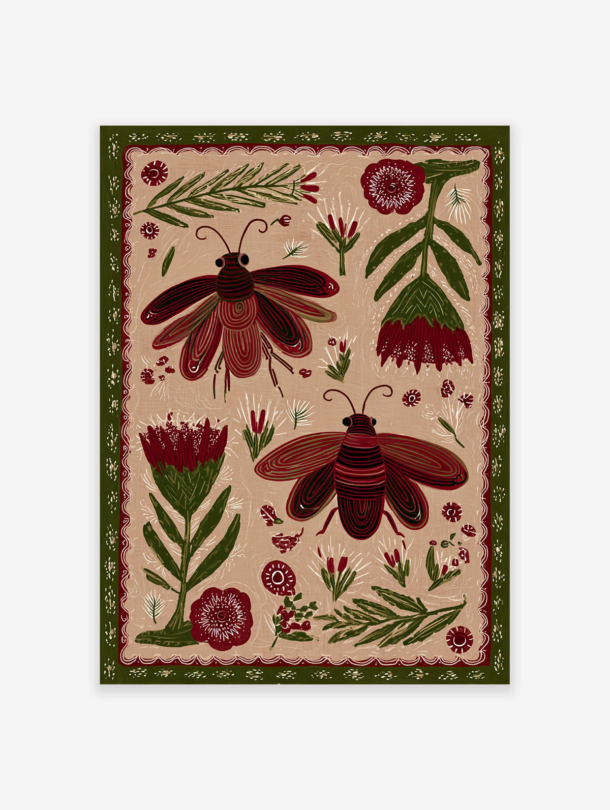Folk art illustration of two red and green beetles with botanical elements on a beige background, framed by a green border.