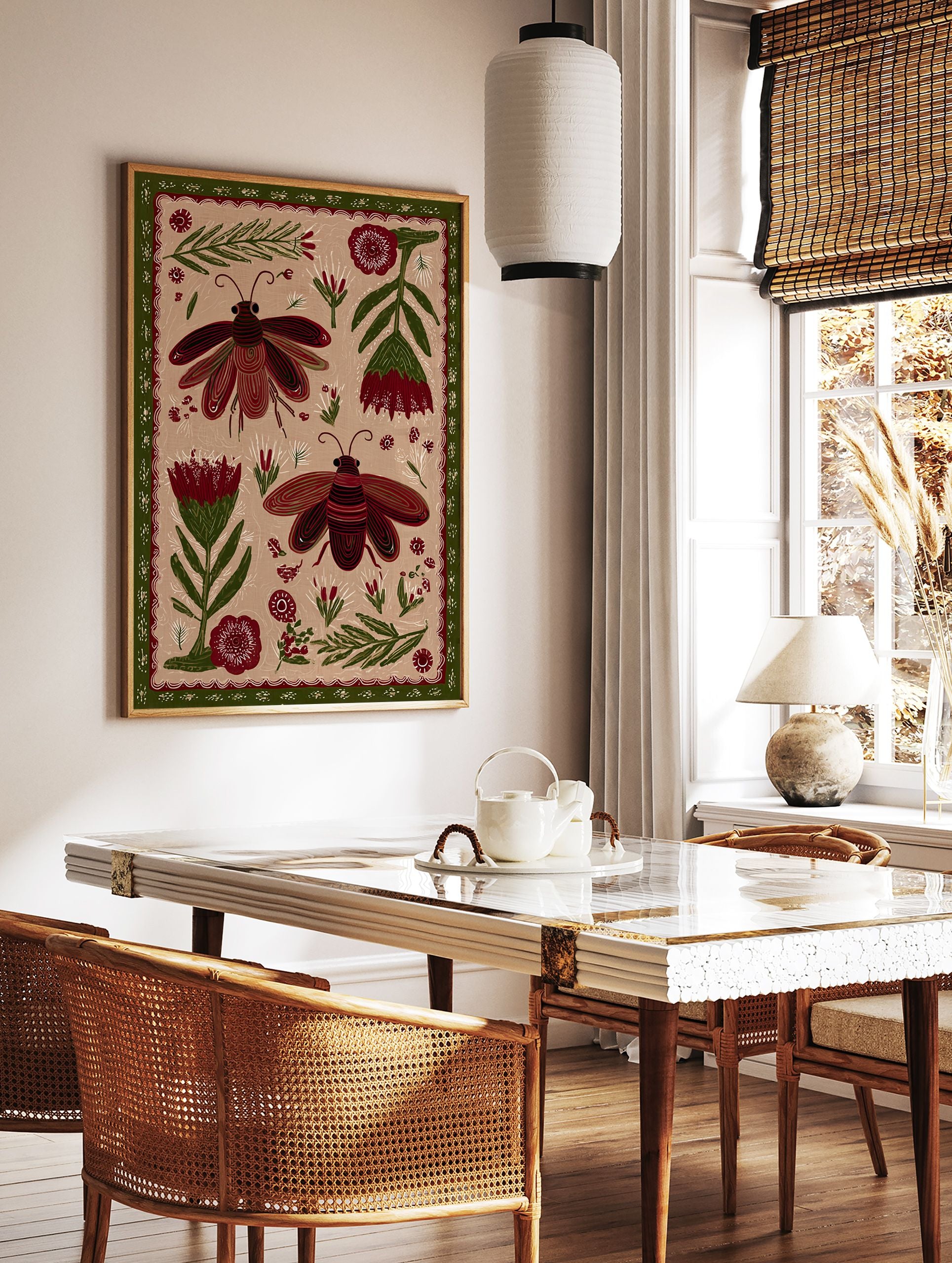 Folk art illustration of two red and green beetles with botanical elements on a beige background, framed by a green border. - Image 2