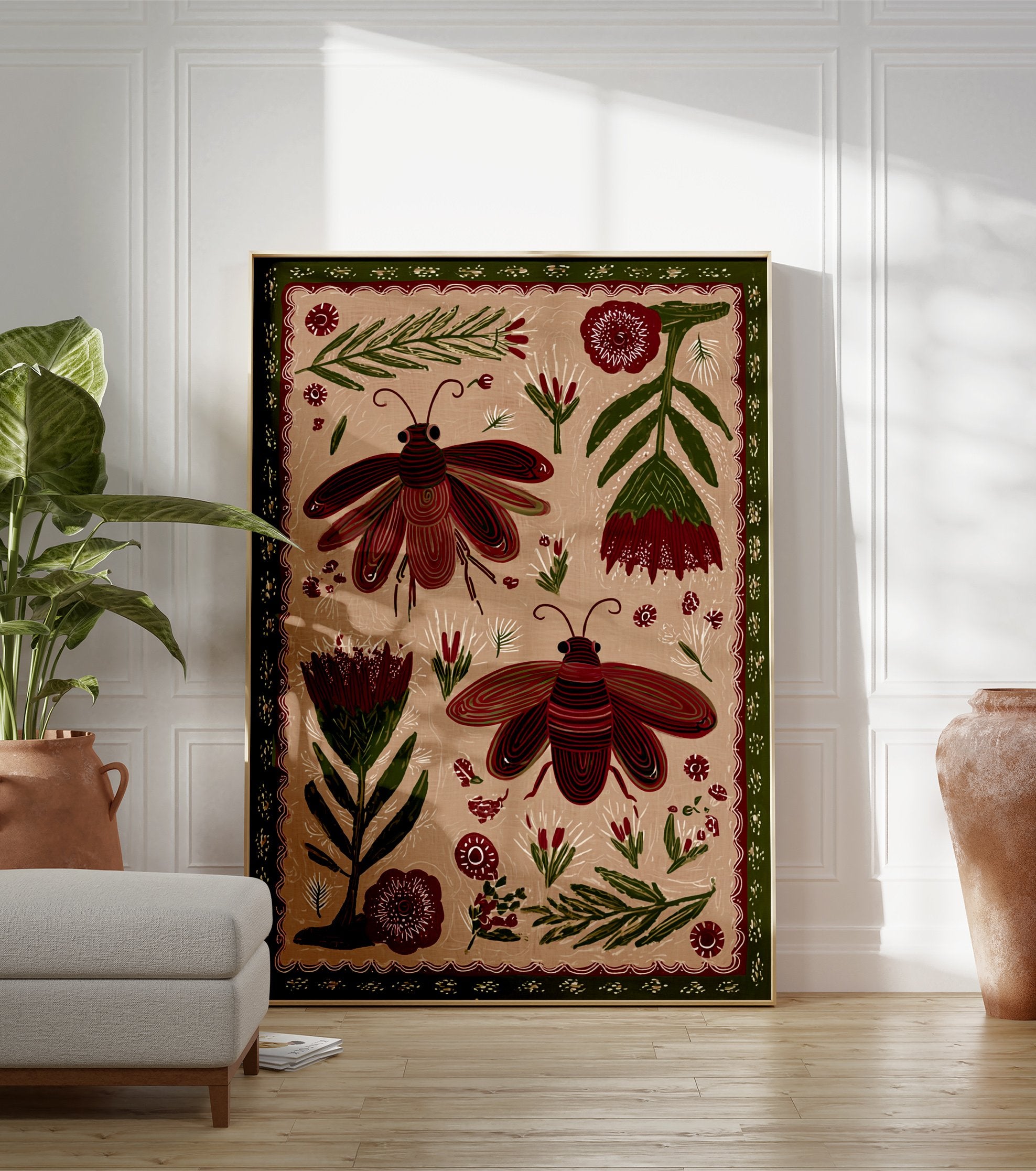 Folk art illustration of two red and green beetles with botanical elements on a beige background, framed by a green border. - Image 3