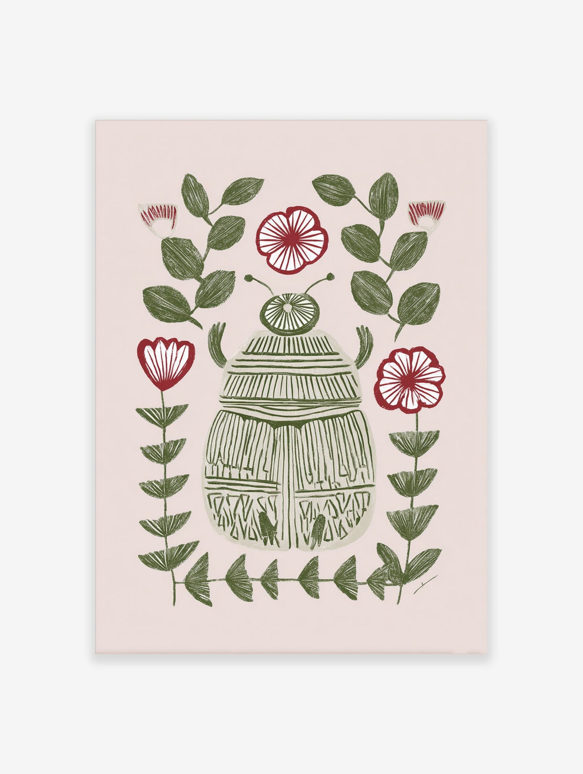 Illustrative green scarab beetle surrounded by green leaves and red-and-white flowers on a light beige background