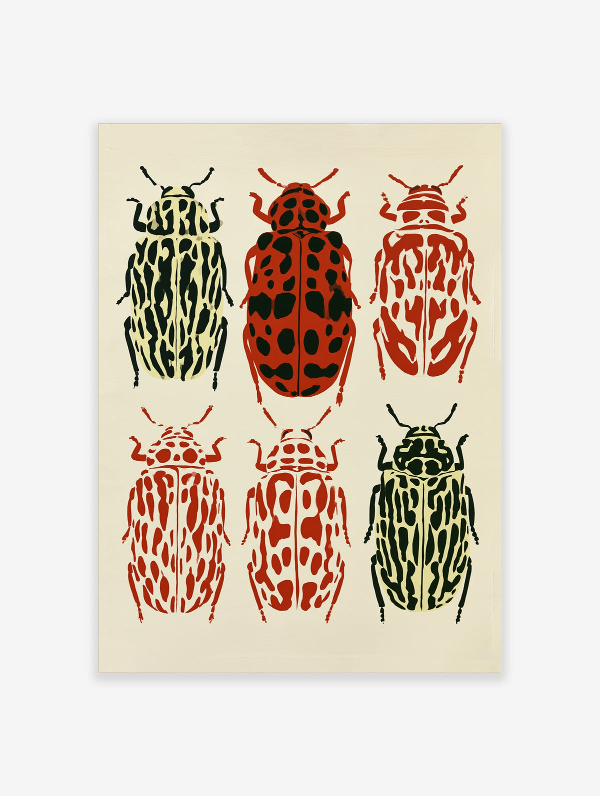 Six beetle illustrations in red, black and cream arranged in a grid on a neutral background