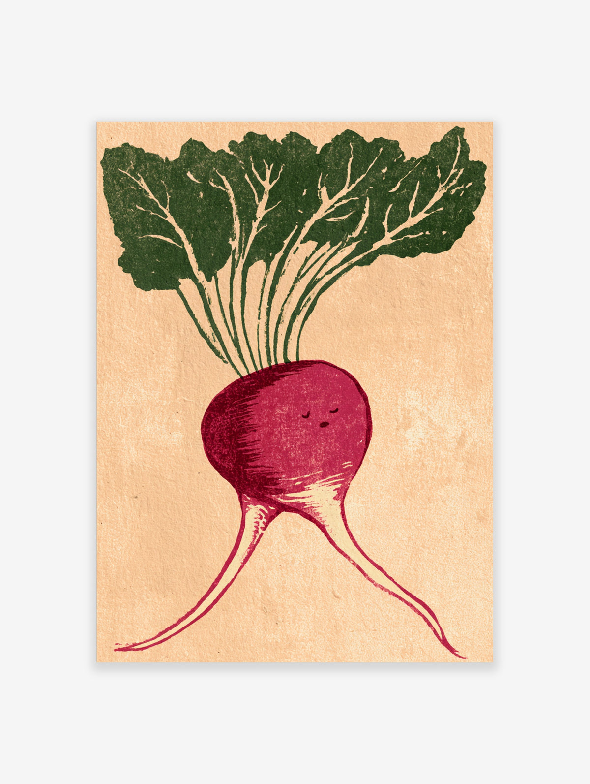 Beetroot vegetable art print with pink root, green leaves, and cream background