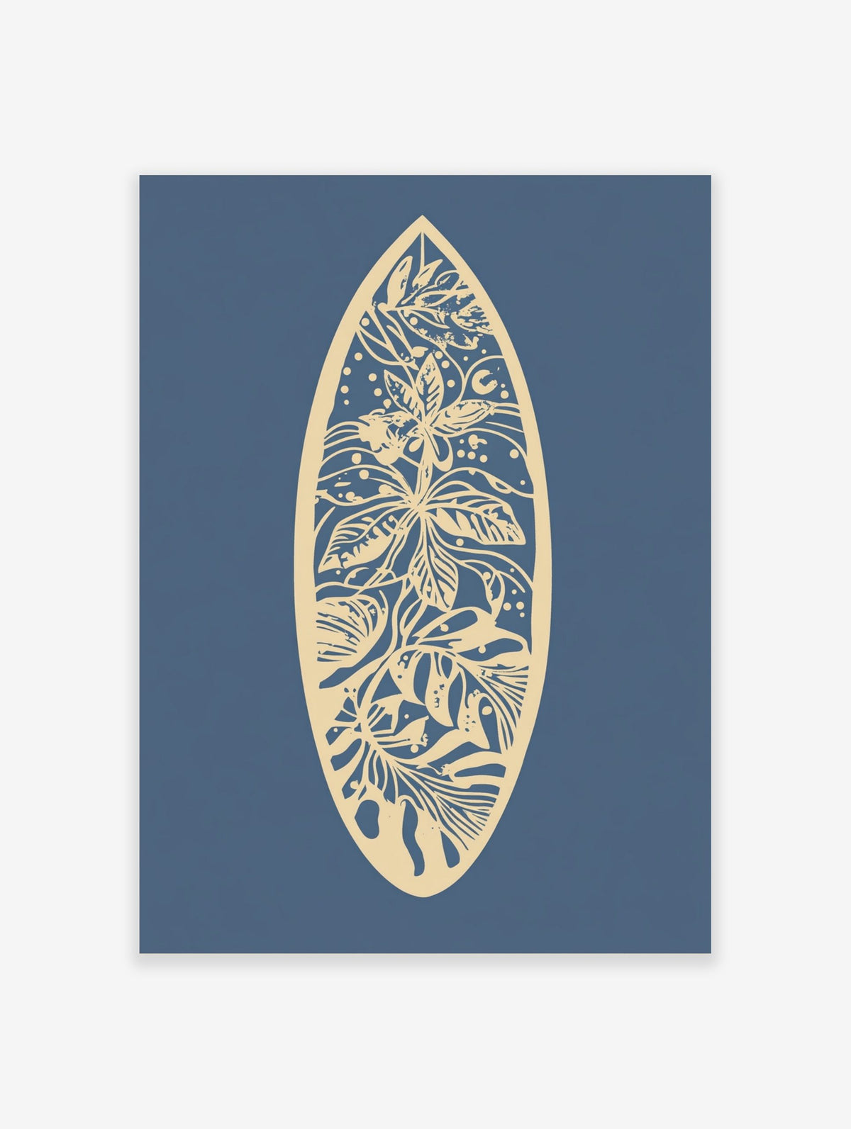 Beige botanical floral pattern within a surfboard shape on a deep blue background, unframed paper print
