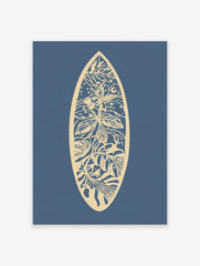 Beige botanical floral pattern within a surfboard shape on a deep blue background, unframed paper print
