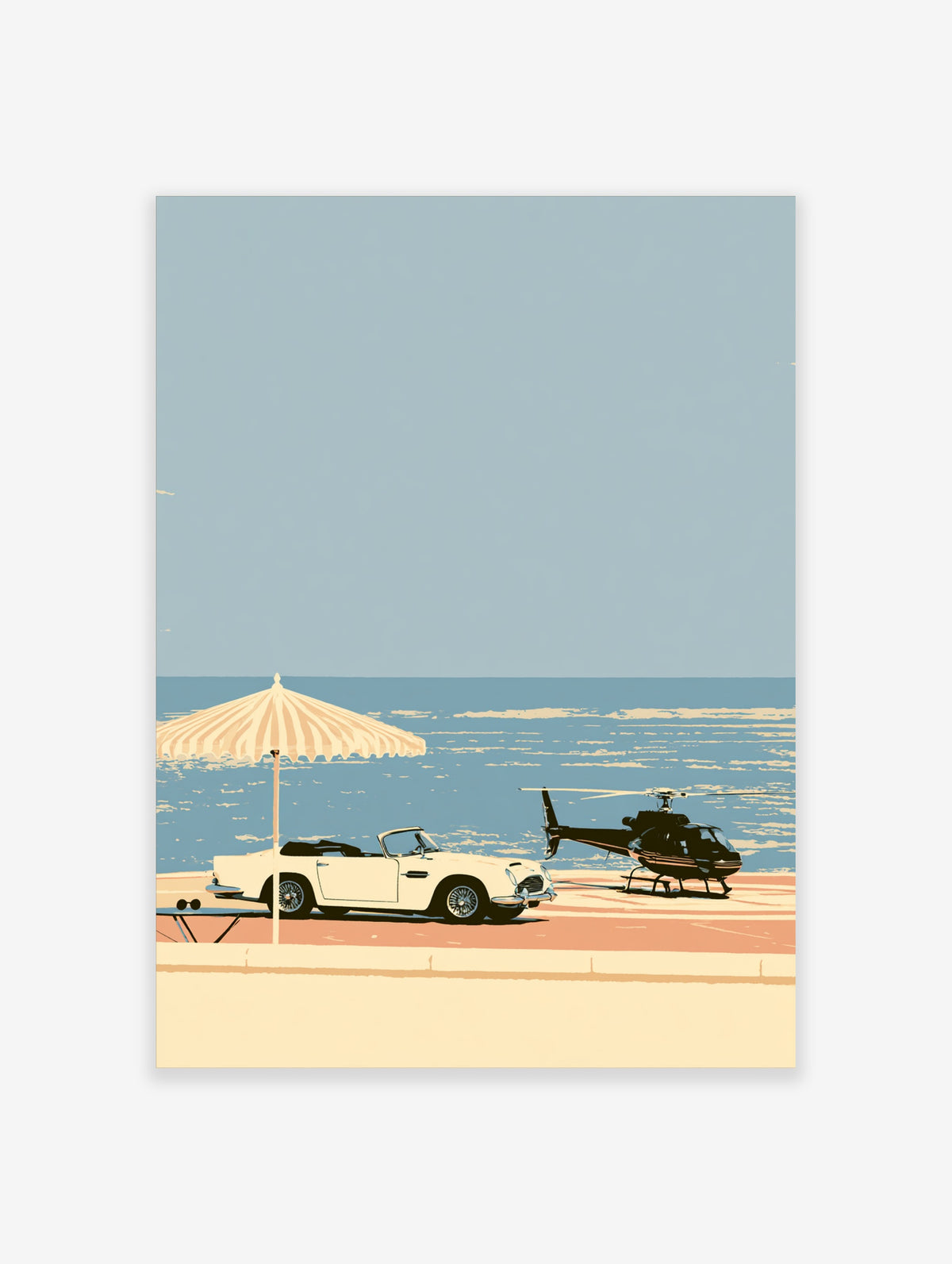 Beige classic car and helicopter on coastal terrace with striped parasol and blue sea, retro travel poster