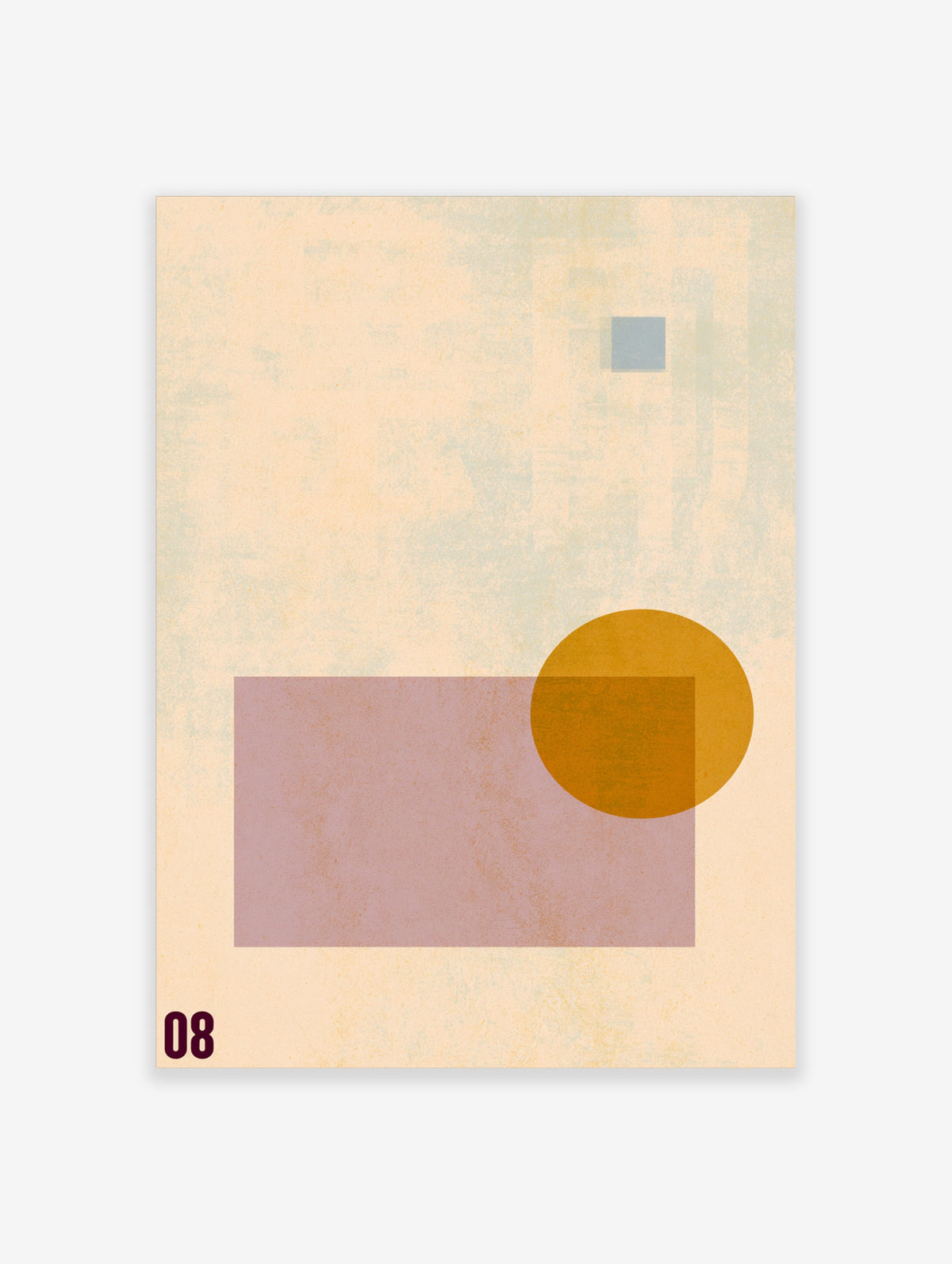 Beige geometric art print with dusty pink rectangle, mustard yellow circle, and blue square on cream background