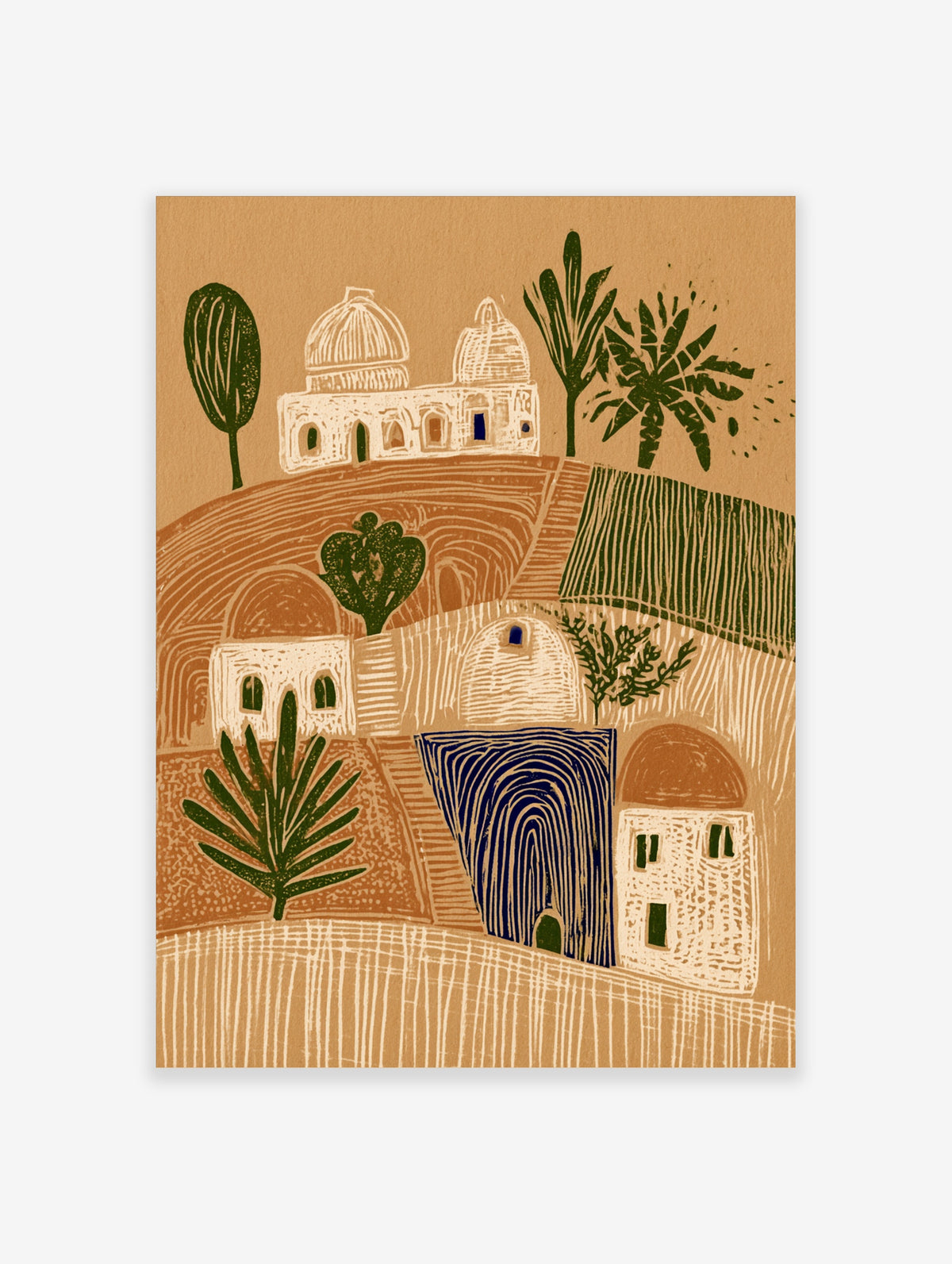 Beige Mediterranean village poster with white domed buildings, green palm trees, and blue arch details