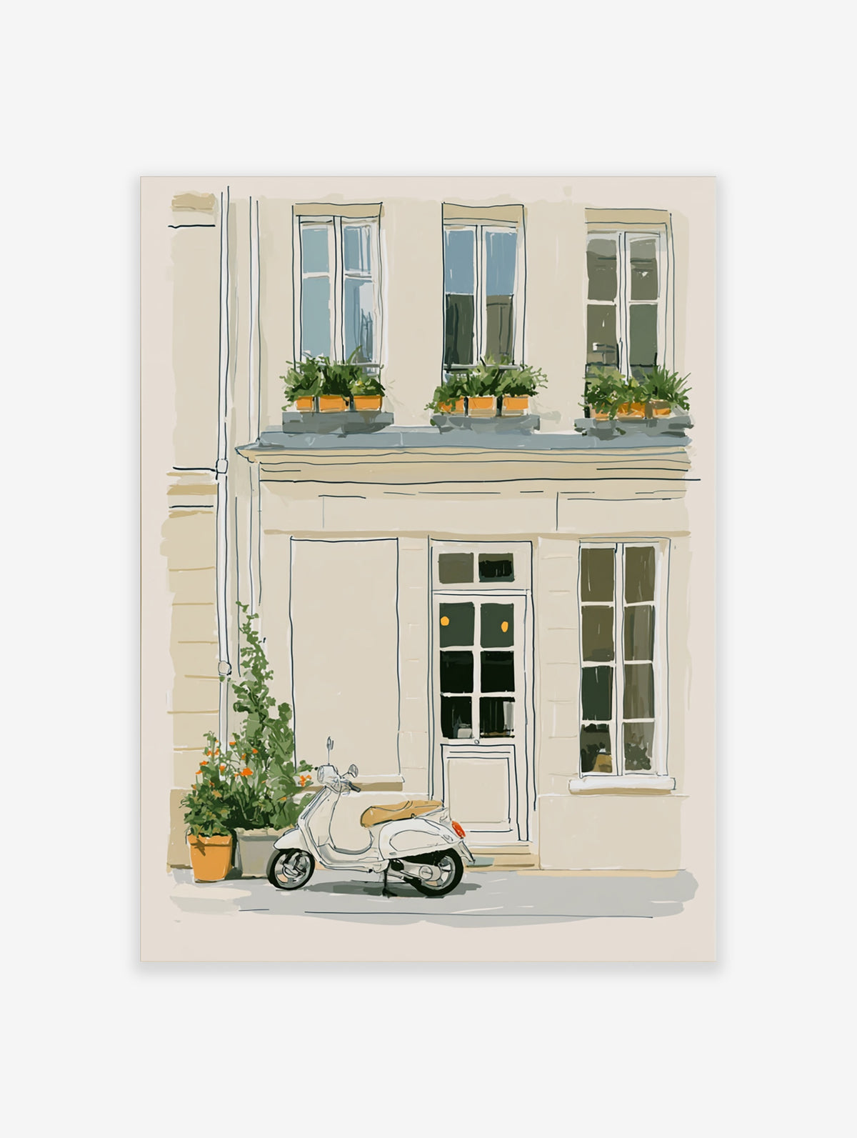 Beige street scene poster with white scooter, cream building, shuttered windows, and orange flower pots
