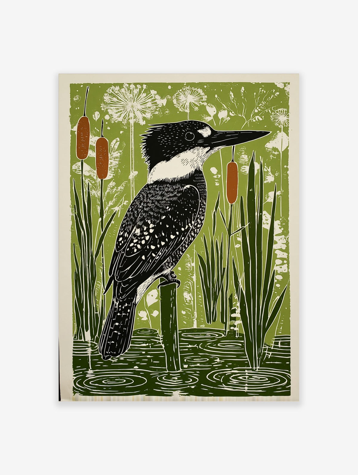 Belted Kingfisher bird perched on a post in a green wetland with cattails and water ripples art print