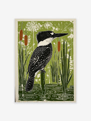 Belted Kingfisher bird perched on a post in a green wetland with cattails and water ripples art print